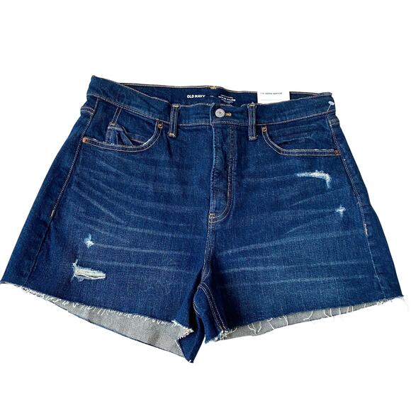 OLD NAVY Sky Hi Aline Denim Shorts Women 14 Blue High Rise Raw Hem Dark Wash NWT - Picture 1 of 11